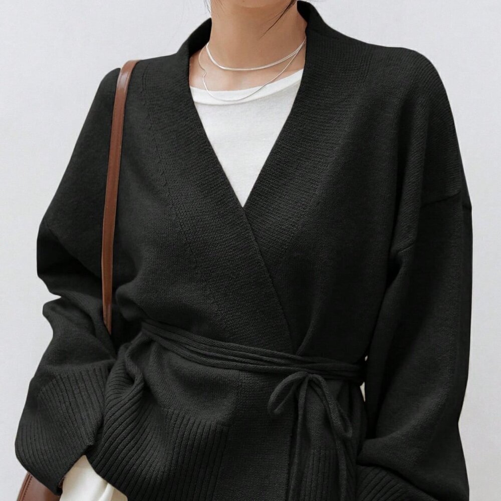 Black Casual Women's Drop Shoulder Belted Cardigan - Picture 2 of 5